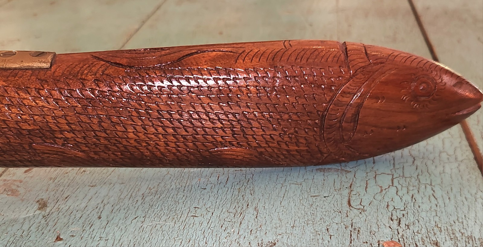 Carved Fish Knife Wood and Brass Vintage India
