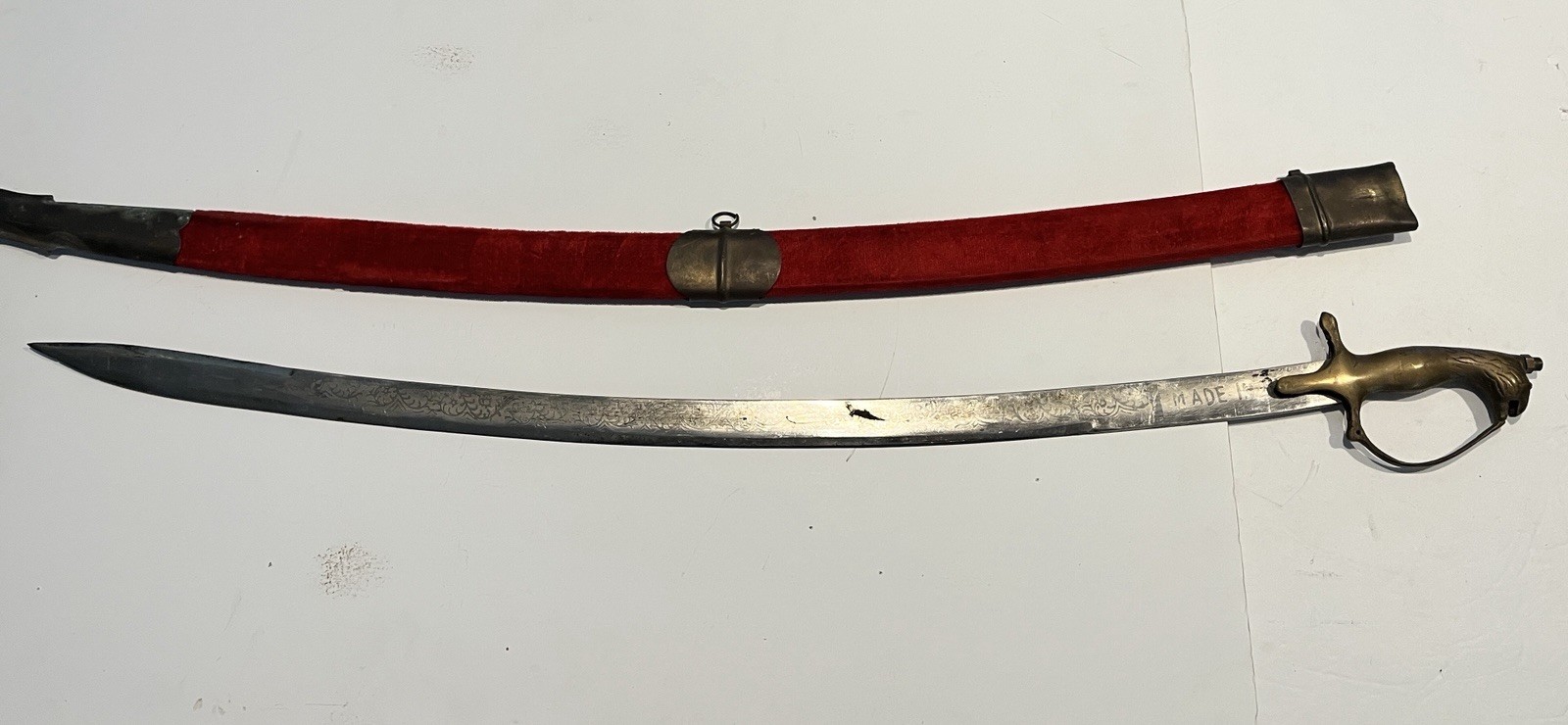 Vintage Sword Made in India Persian Red Velvet Sheath 30”Blade Antique Rare
