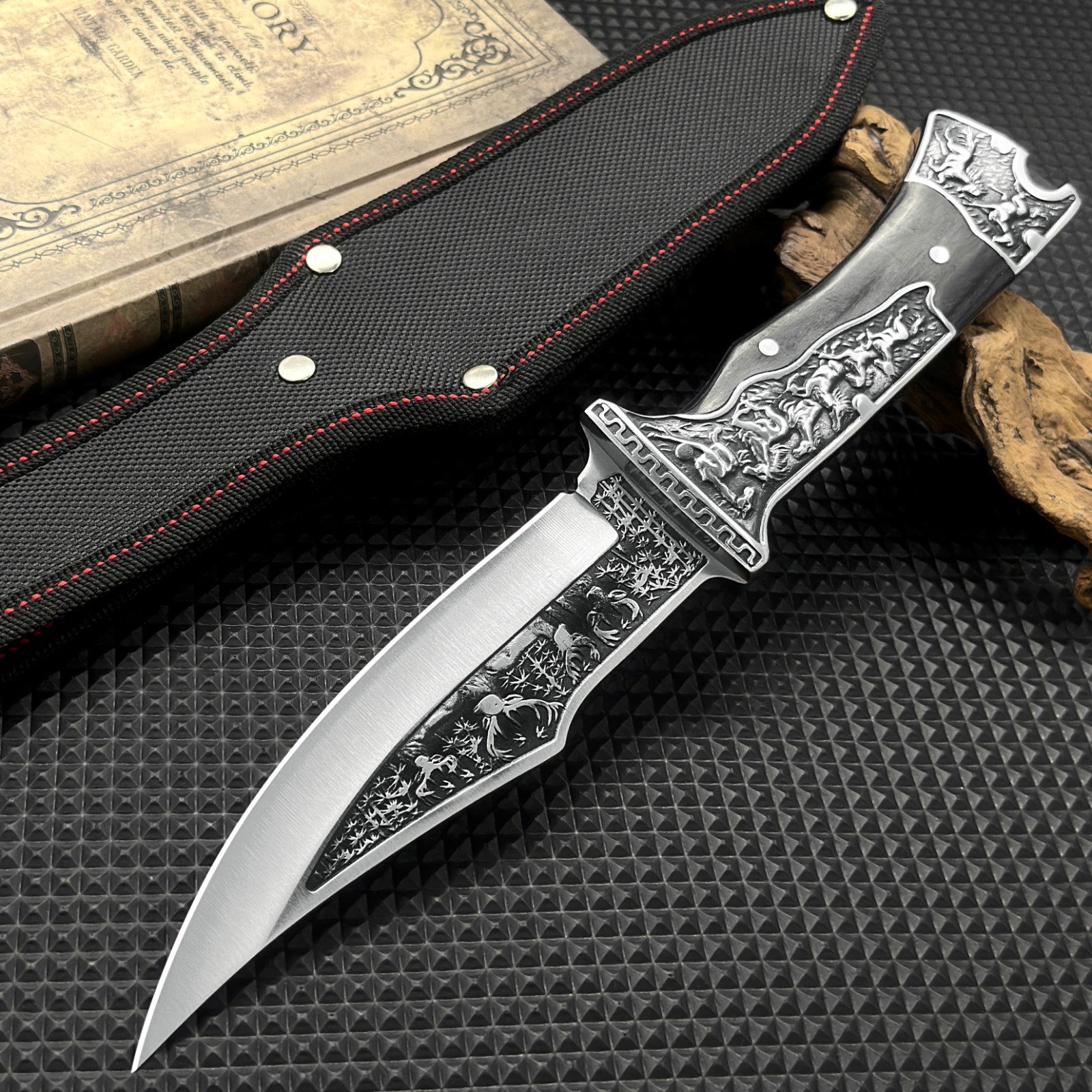12Inch Fixed Blade Knife Comfort Grip Deer Embossed Design Nylon Sheath Included