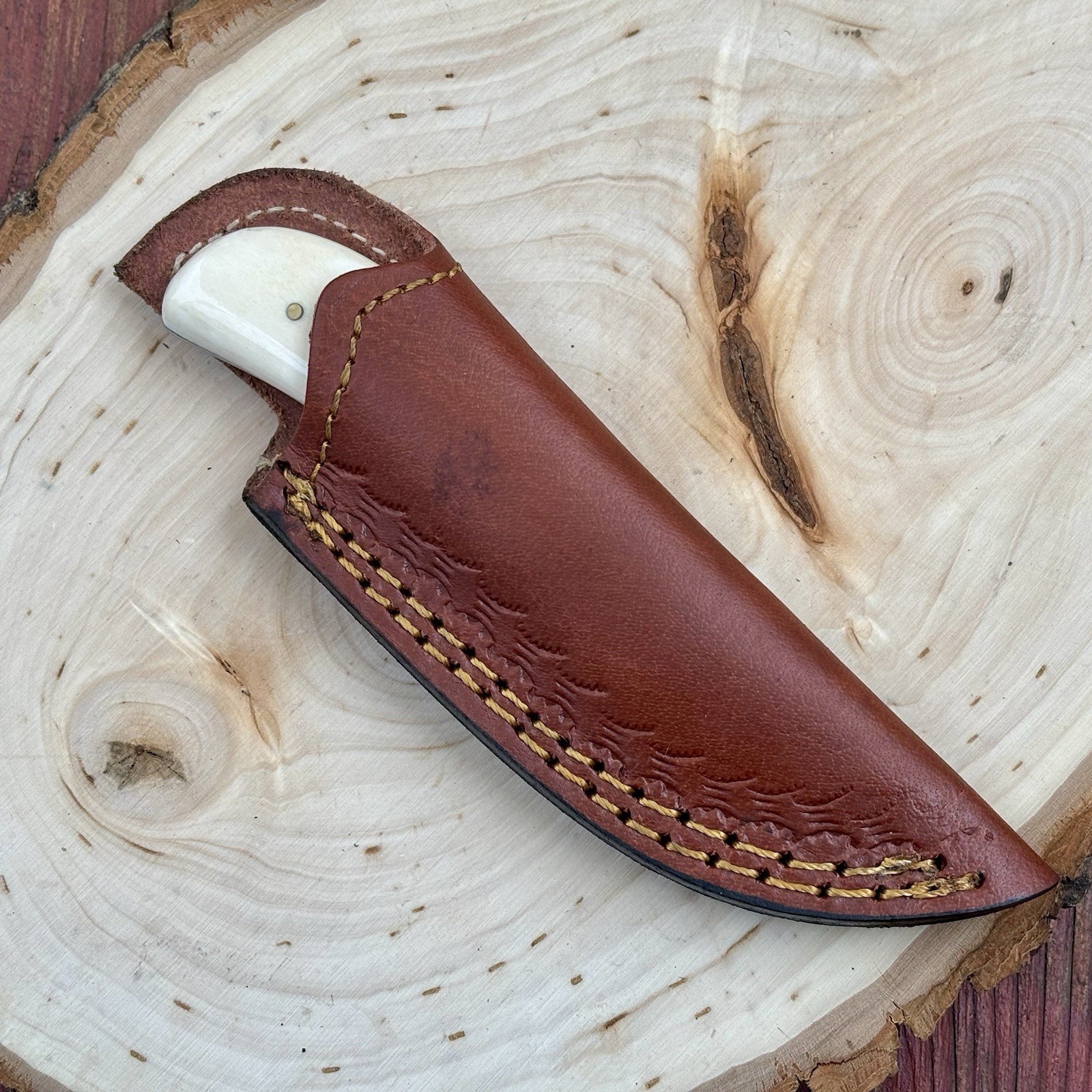 5.5” Fixed Blade Knife Leather Sheath Chode Turquoise Damascus
