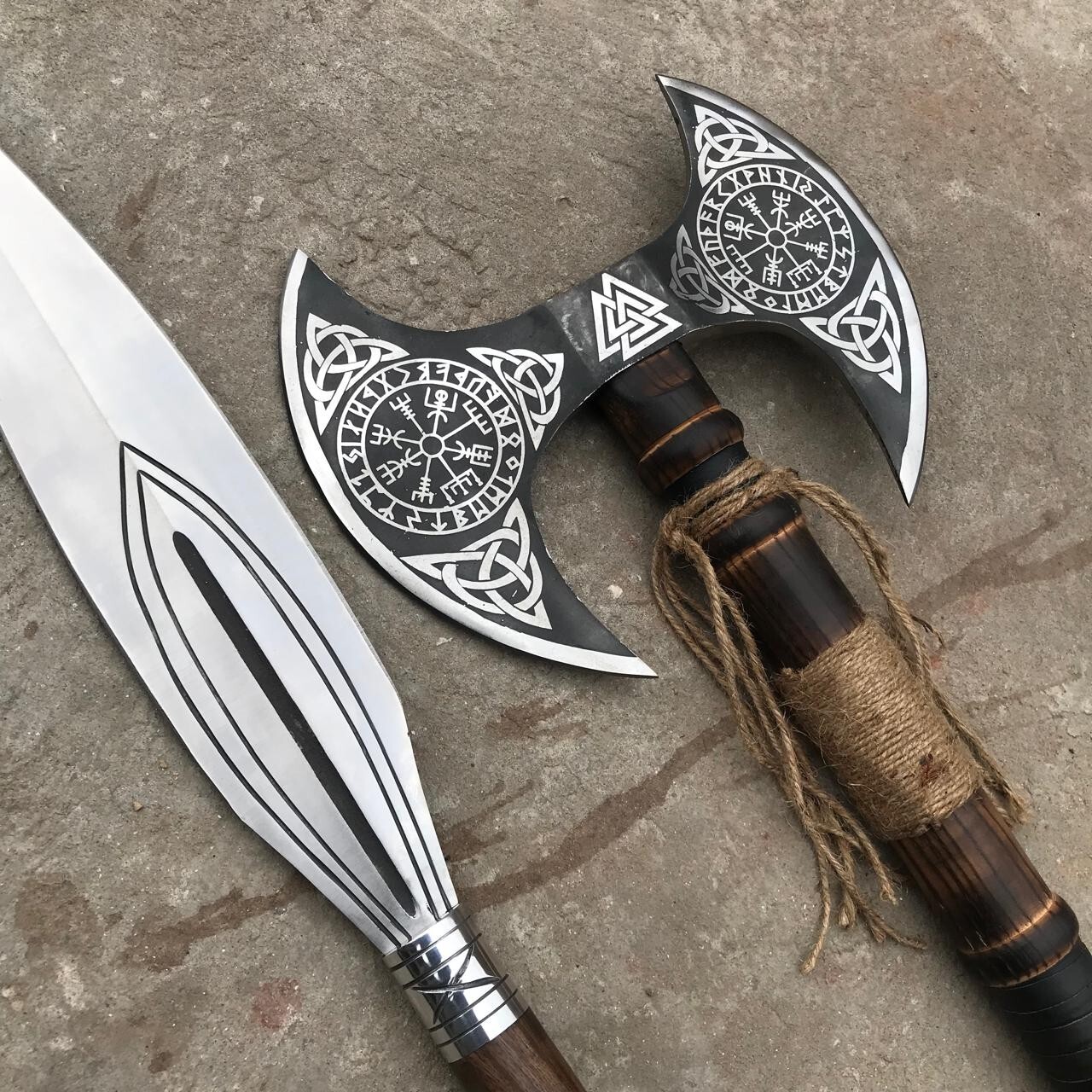 Artisanal Forged D2 Tool Steel Viking Hunting Spear with Viking Double Head Axe