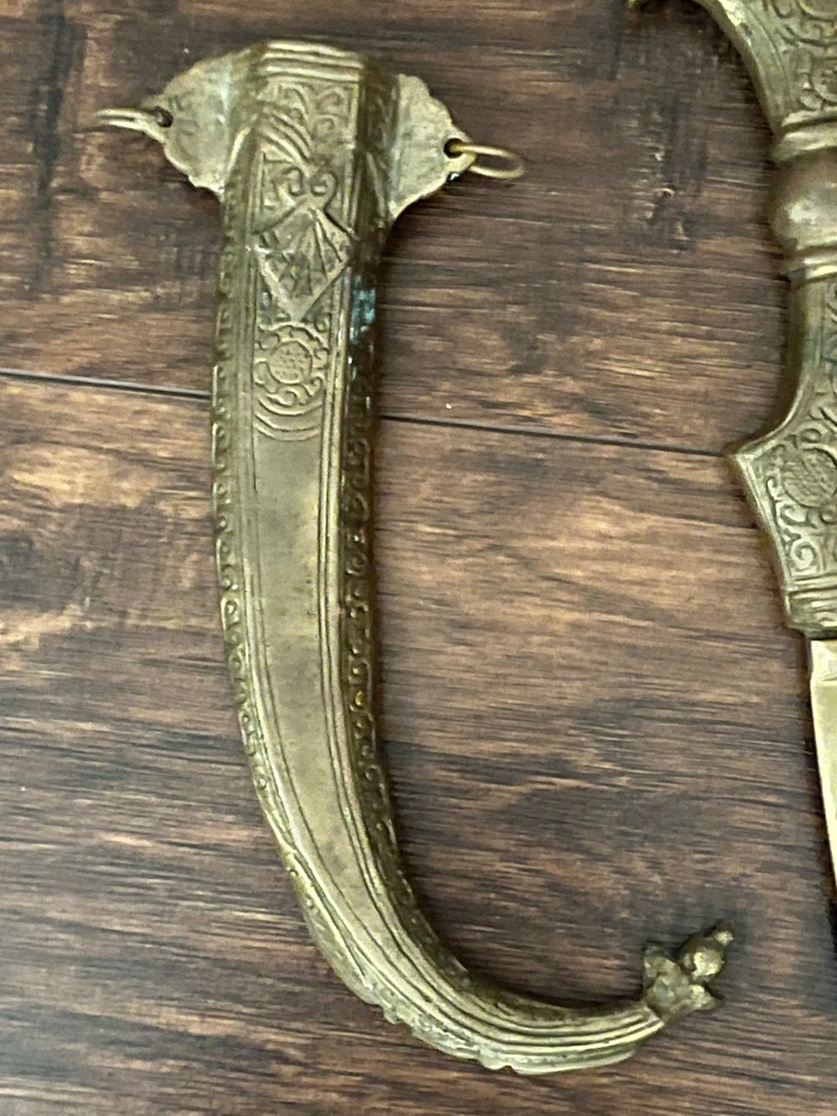 Vintage Middle Eastern Brass Dagger With Carved Sheath Letter Opener
