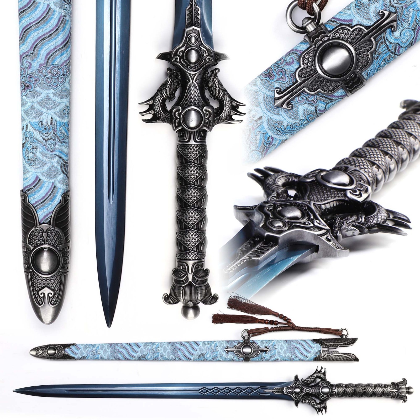 Chinese Straight Sword, Auspicious Cloud Dragon Patterned Scabbard,Handmade
