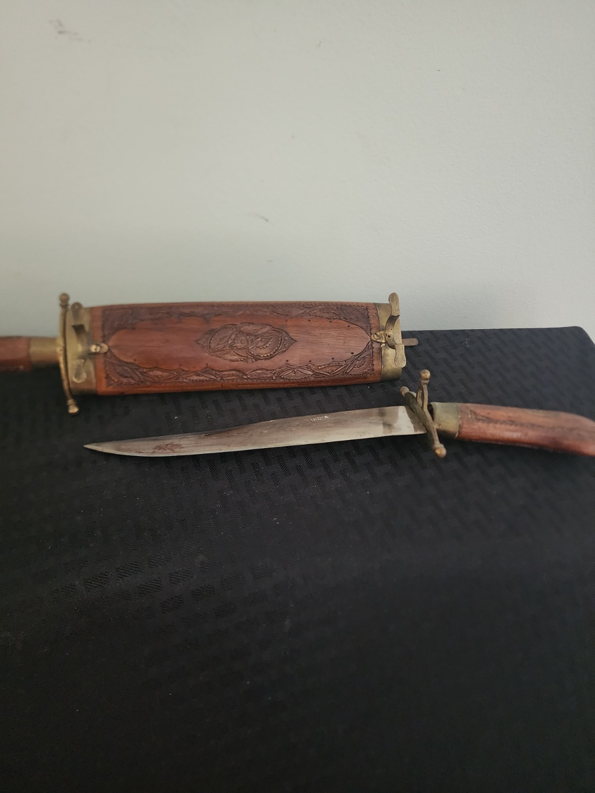 Vintage Indian Carved Wood & Brass Sheath Knife and Fork Set – Decorative or Dis
