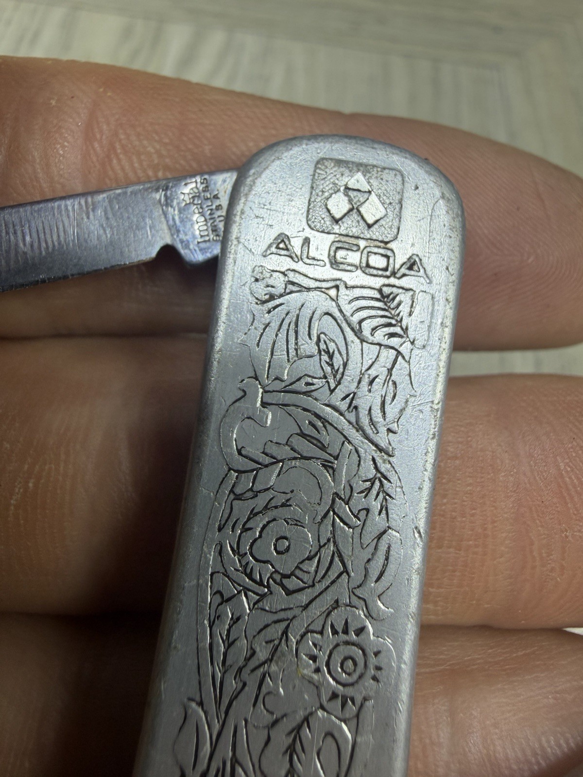 ALCOA Imperial Rare Vintage Pocket Knife Engraved Aluminum W/Stainless St Blades