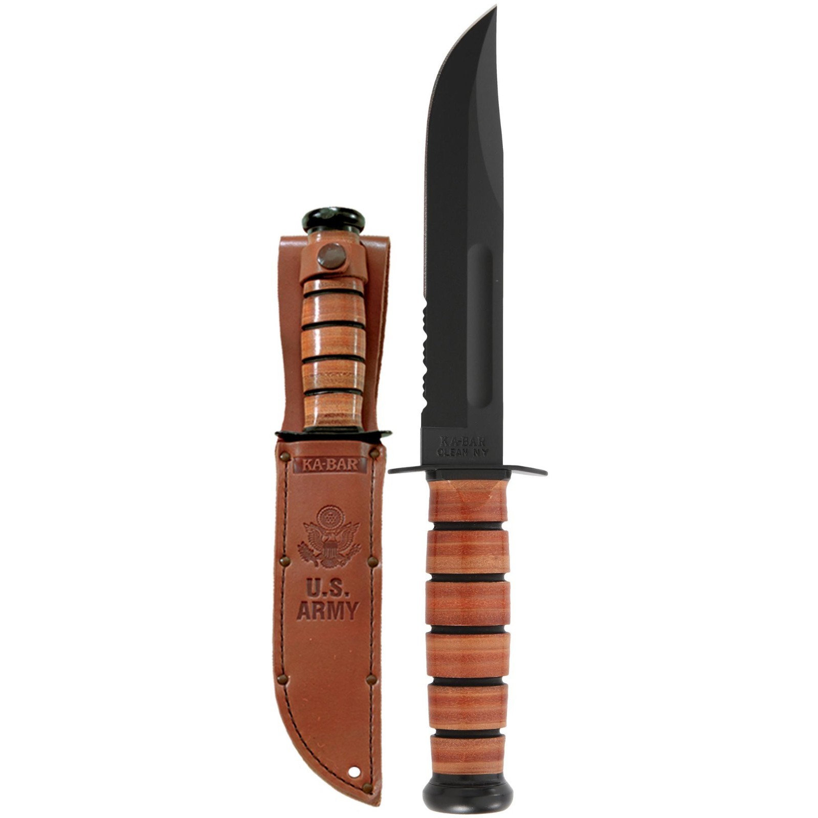 KA-BAR US Army 7″ Fixed Blade Knife, Serrated Leather Handle, Brown Sheath #1219