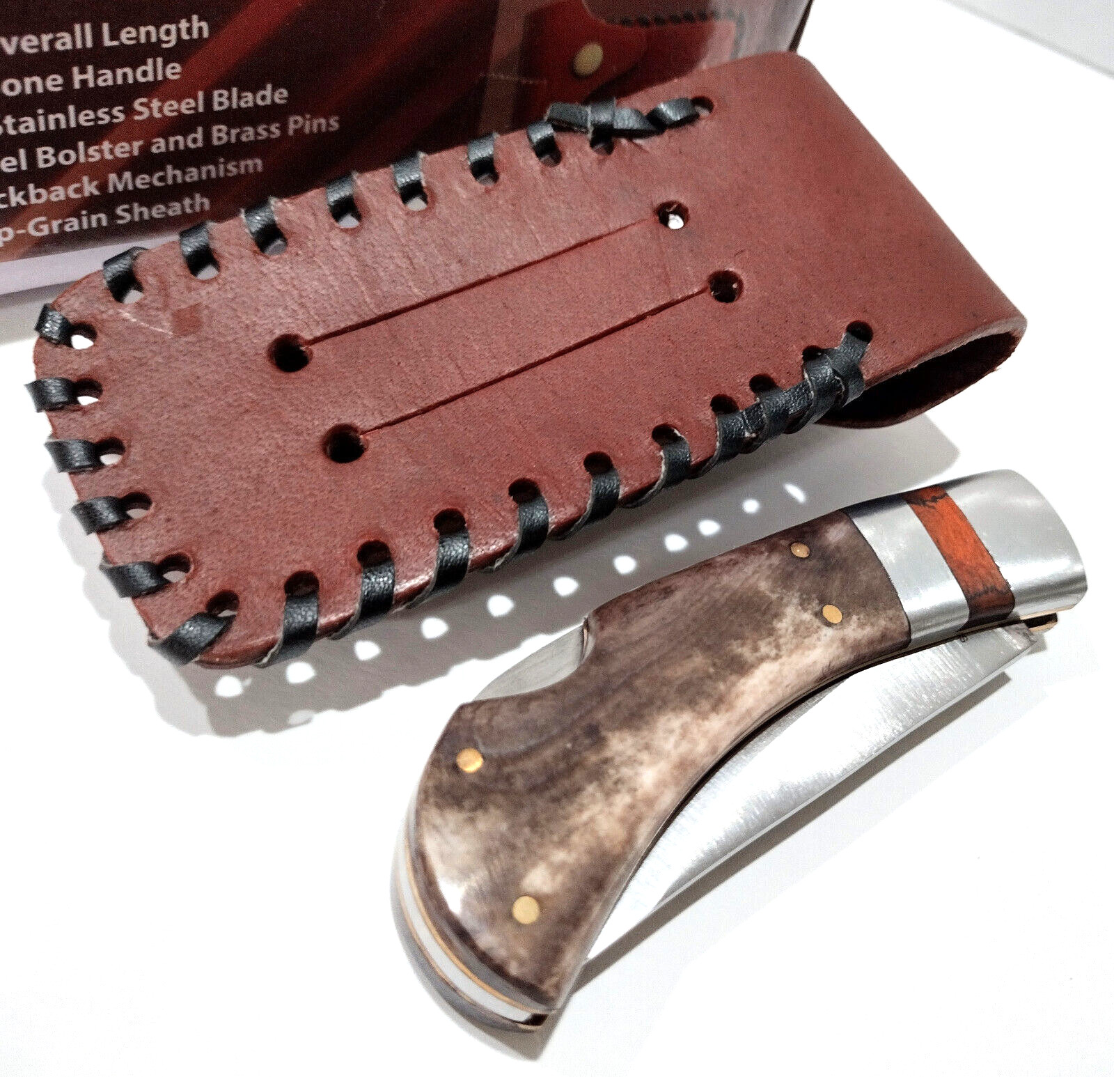 Buck Brown Bone Hunting Skinning Lockback Folding Pocket Knife + Leather Sheath