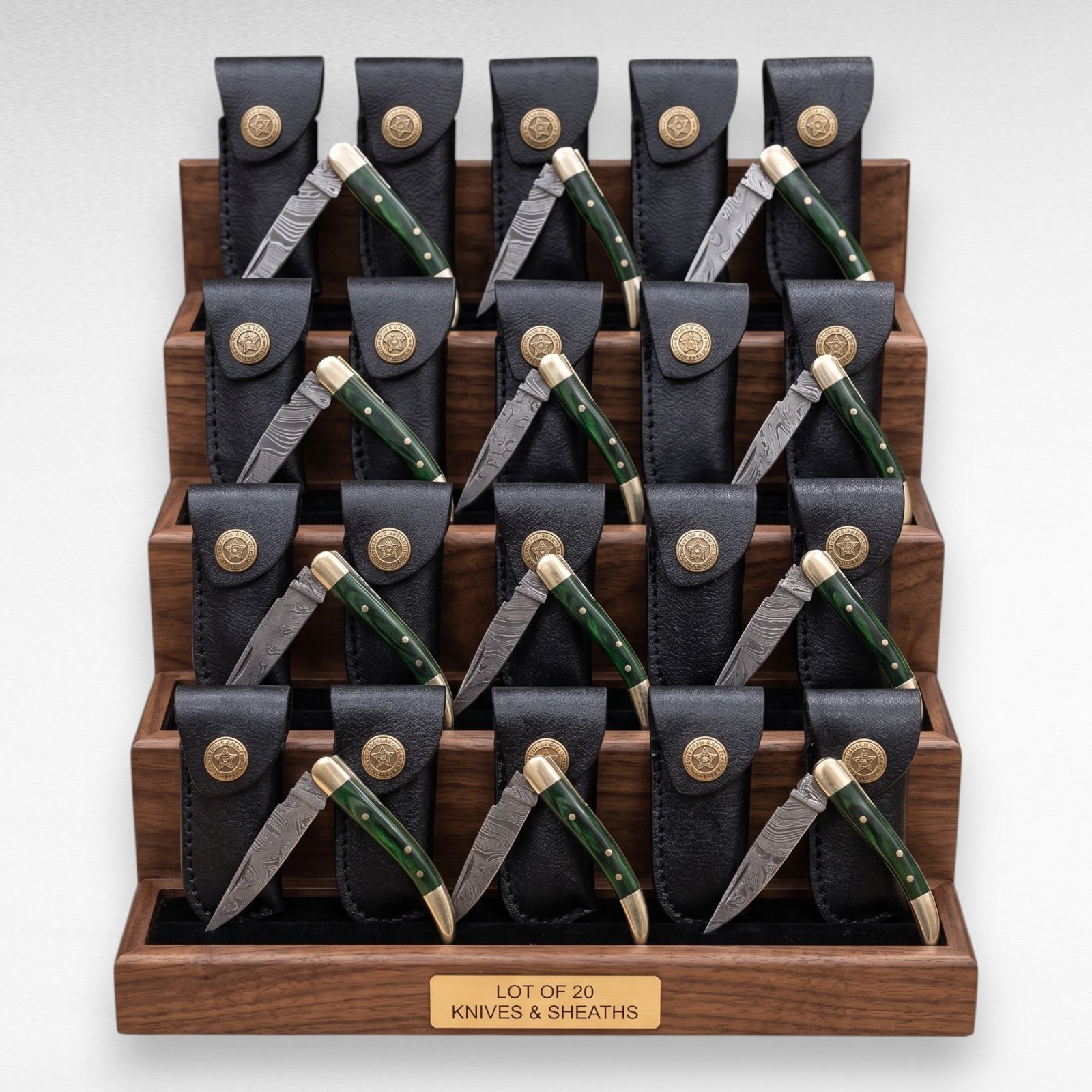 Lot 20 Damascus Pocket Knives Green Wood Brass Slipjoint Folding Knives & Sheath