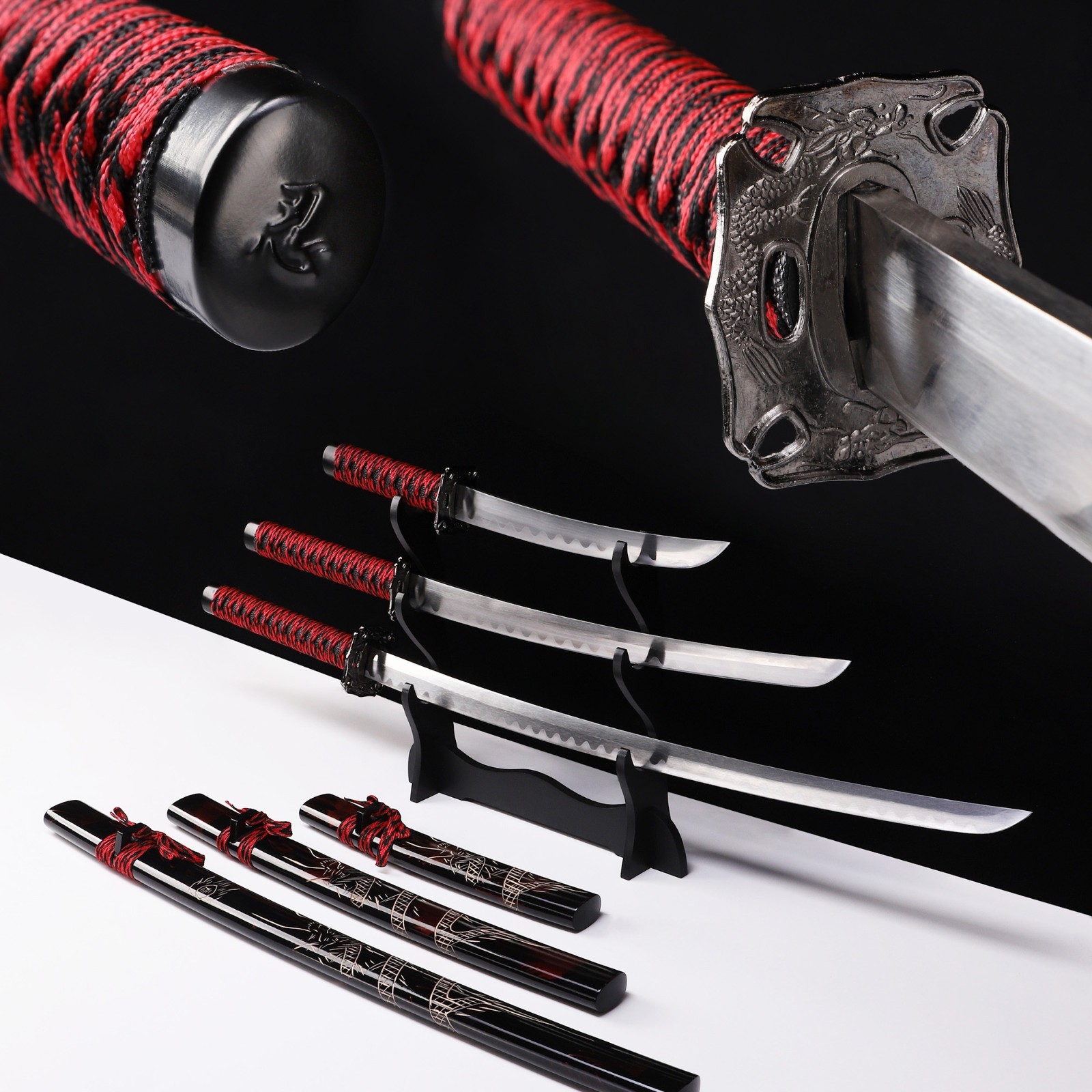 Three Piece Dark Red Samurai Sword Set, 1060 High Carbon Steel Katana Full Tang