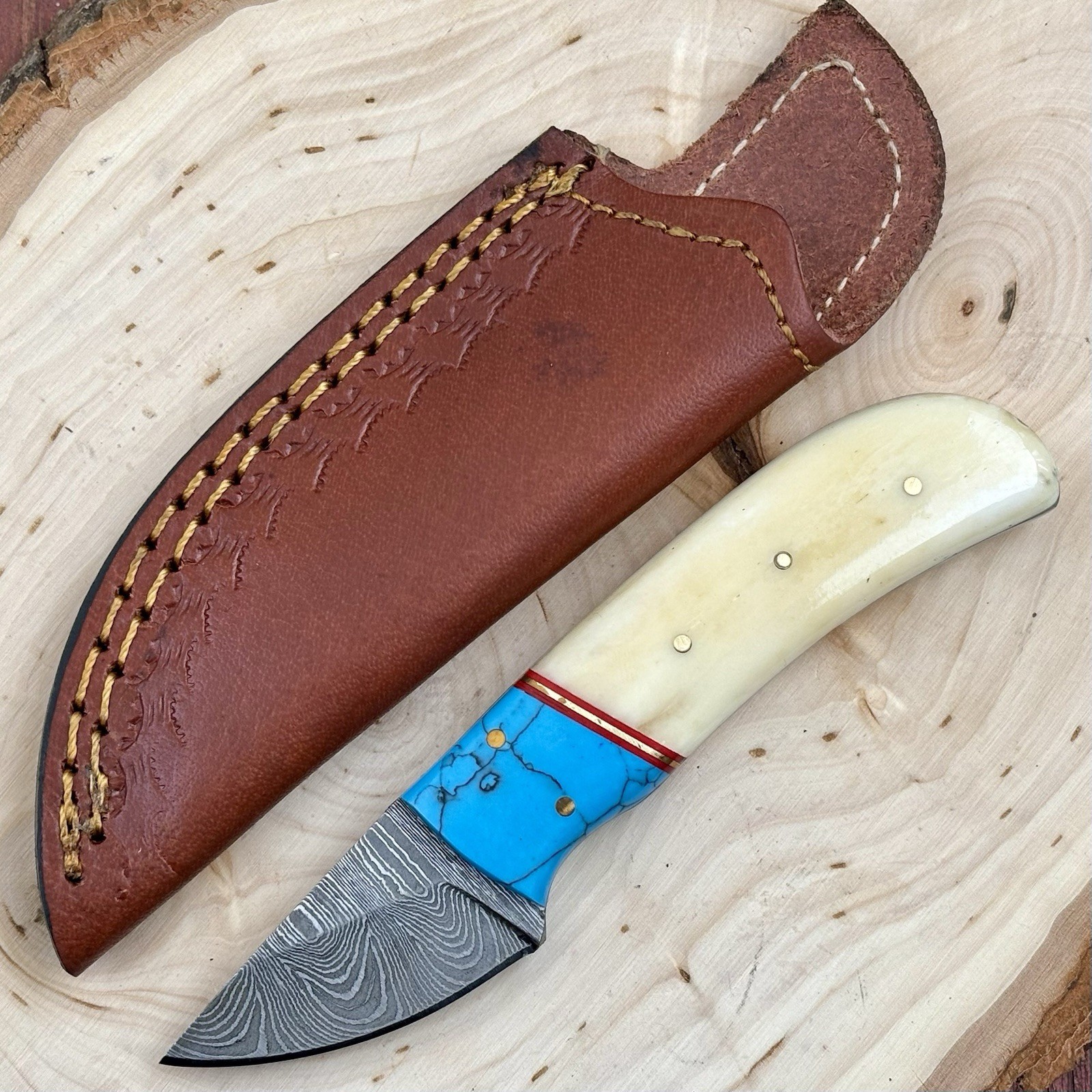 5.5” Fixed Blade Knife Leather Sheath Chode Turquoise Damascus