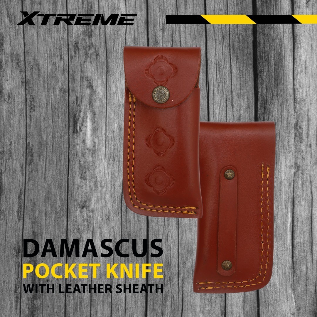 Custom Handmade Damascus Steel Pocket Knife Folding Blade With Leather Sheath