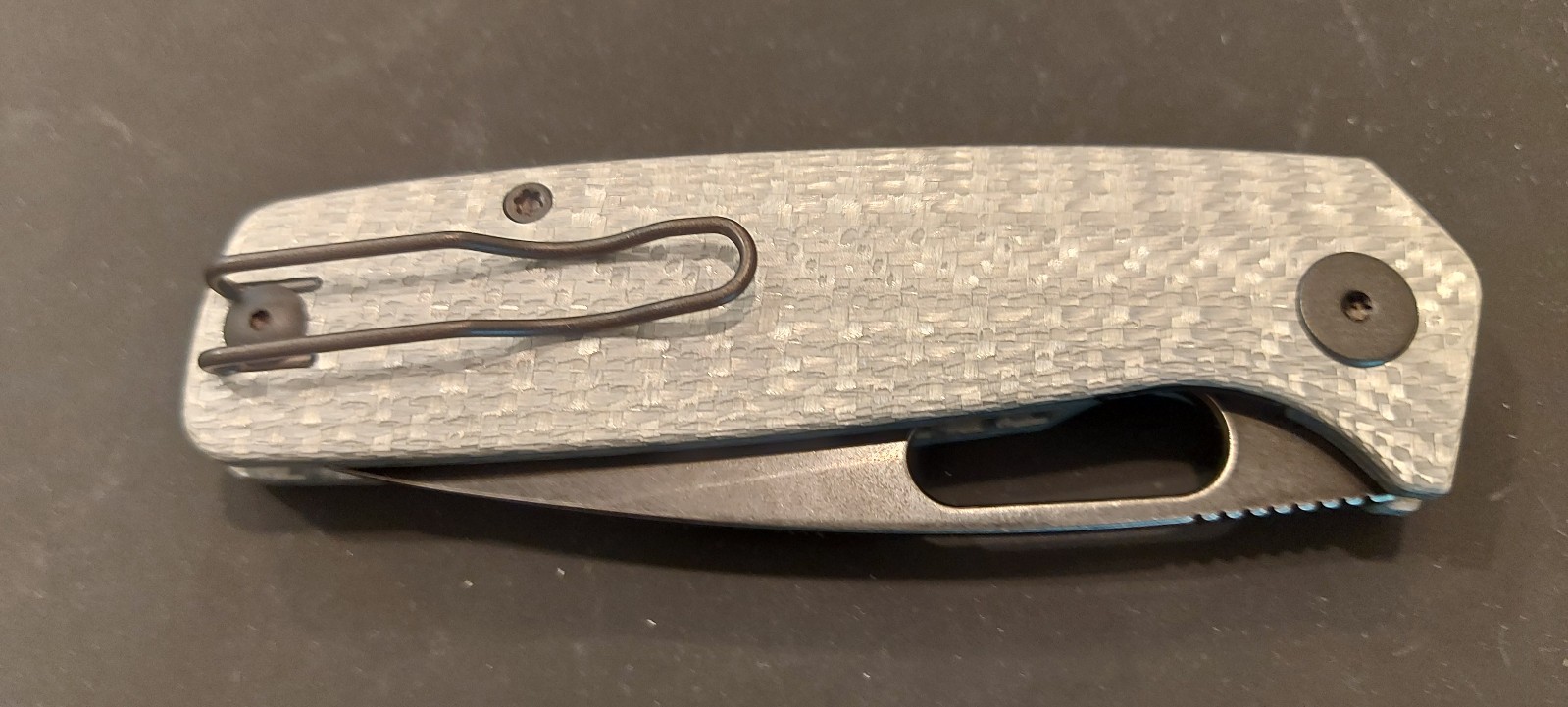 Asher Knife Spiro M390 Stonewashed Blade Silver Carbon Fiber Scales Black HW
