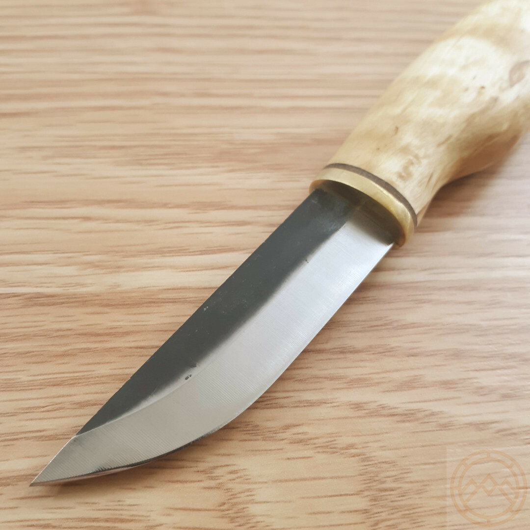 Wood Jewel Knife 3″ Carbon Steel Blade Curly Birch Handle w/Brown Leather Sheath