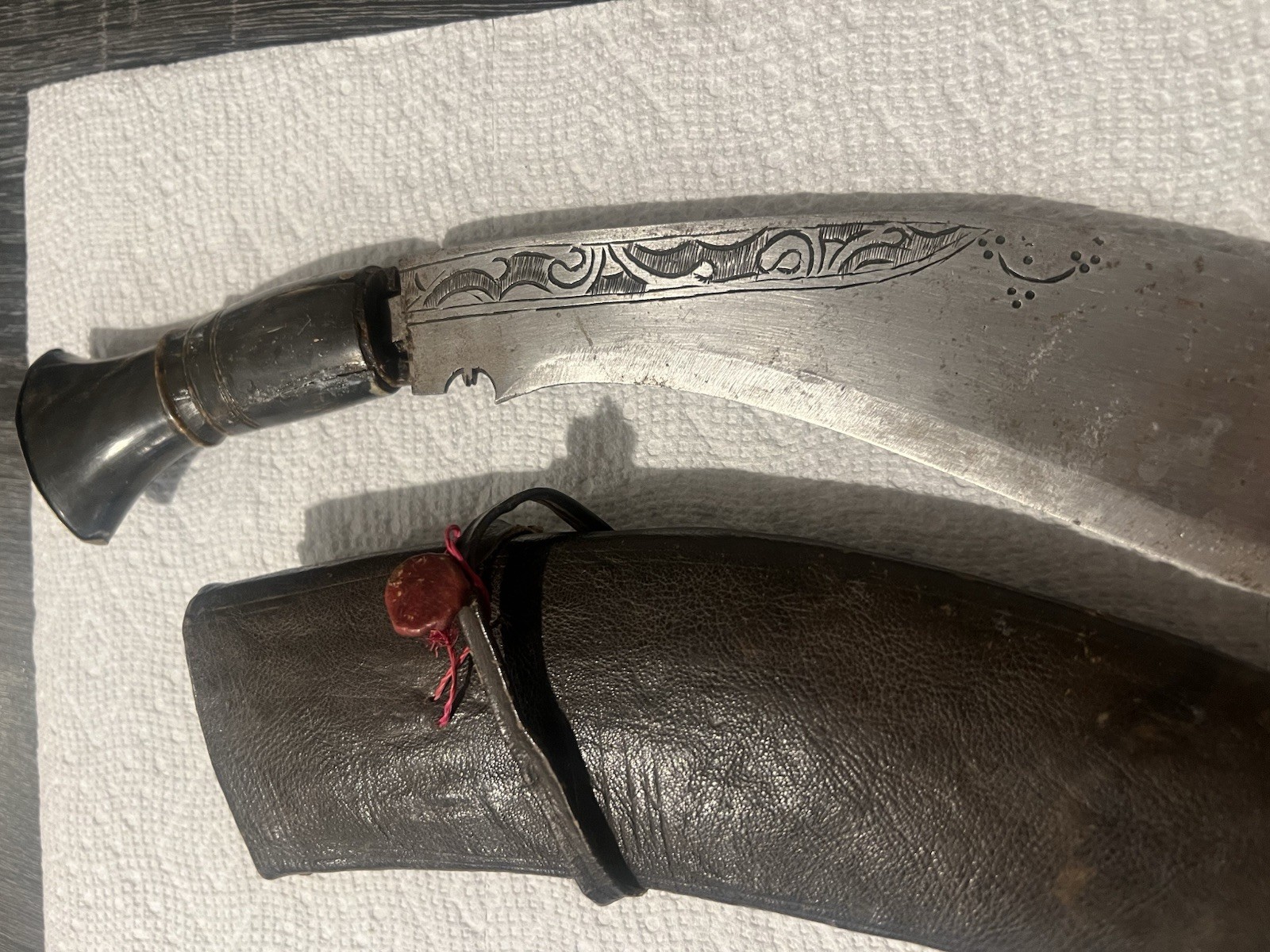 Antique Nepalese India Kukri With Horn Handle Scabbard, Karda, & Chakmak.