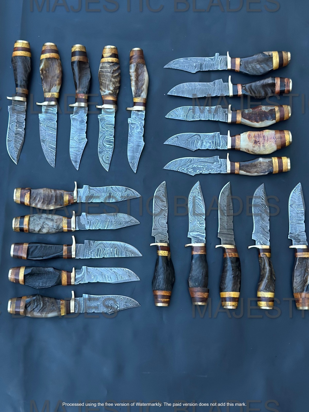 Lot of 20pc 8» Damascus Steel Skinning/Hunting Knife Ram Horn Handle W Sheath.