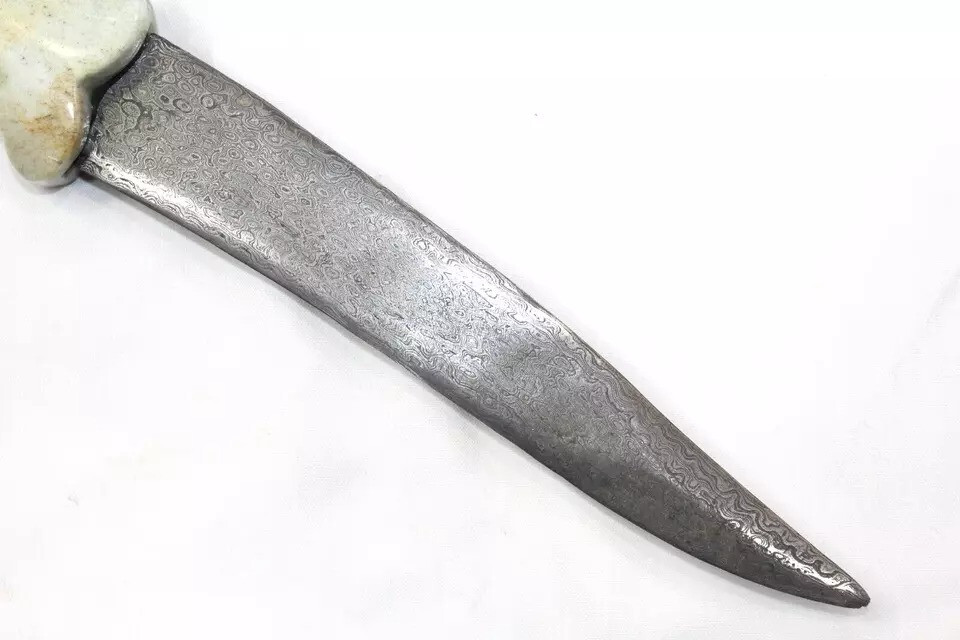 Dagger Knife Damascus Steel Blade Silver Koftgiri Aventurine Stone Handle E78