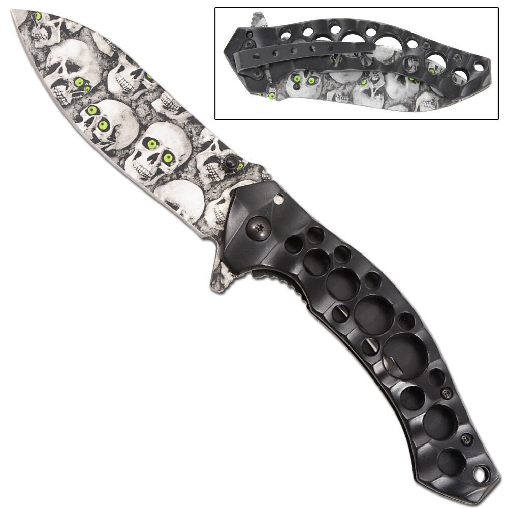 8.25″ Skull Manual Force Stainless Steel Spring Assist Folding Knife,Black Blade