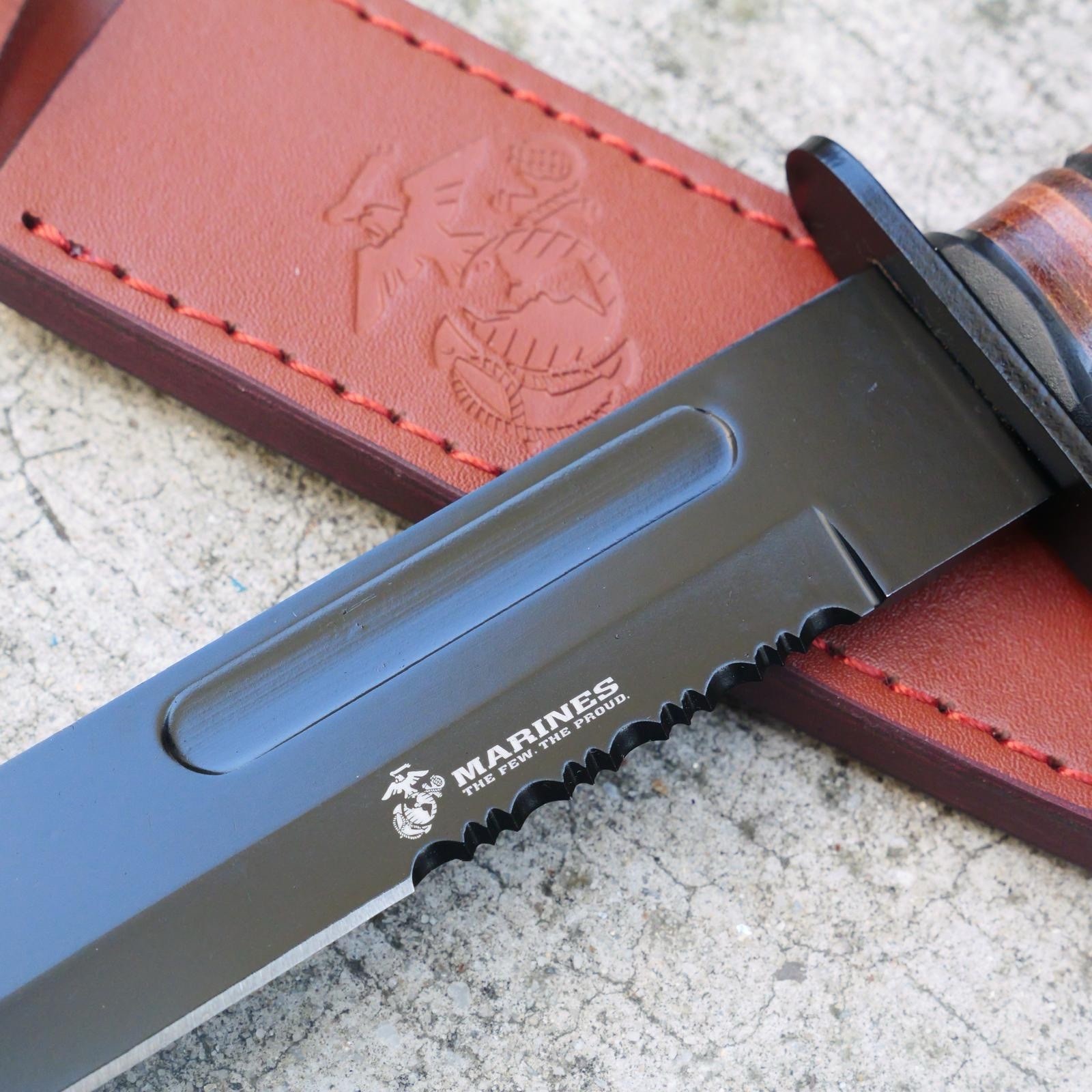 12” USMC Licensed Marines Military KBAR Knife With Leather Handle And Sheath