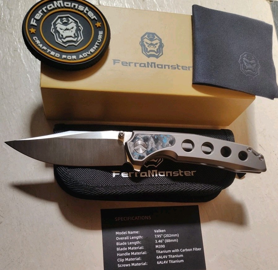 New FerraMonster Valken 3.5″ M390 Belt Satin Clip Pt Titanium w/Fat Carbon Inlay