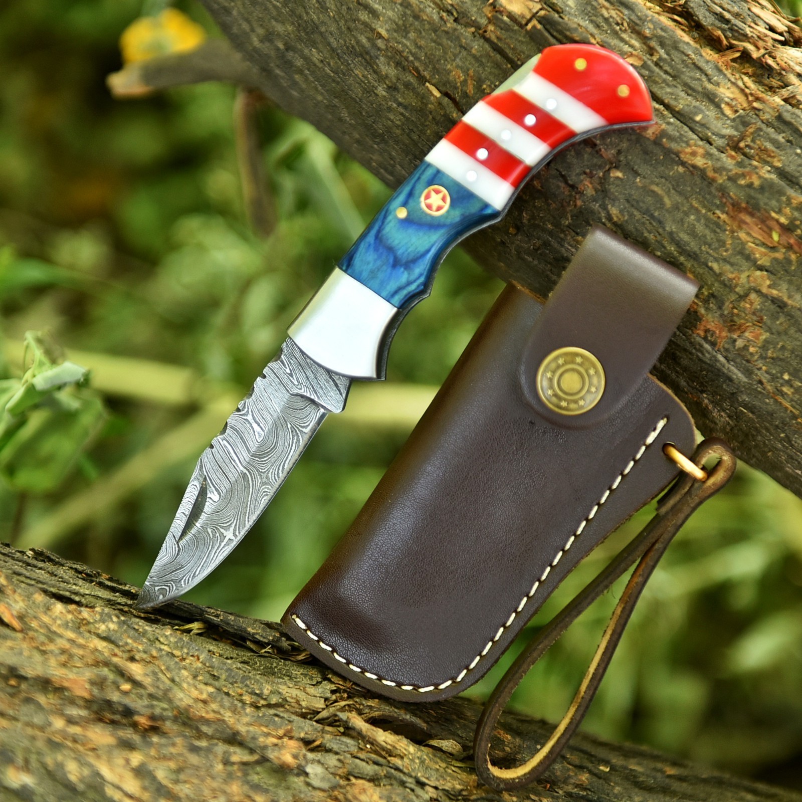 Handmade Forged Custom Damascus Steel Folding Pocket Knife with Leather Sheath