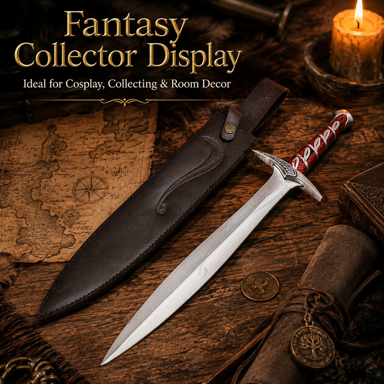 22in Fantasy Elven Decorative Dagger Stainless Steel Blade Leather Sheath