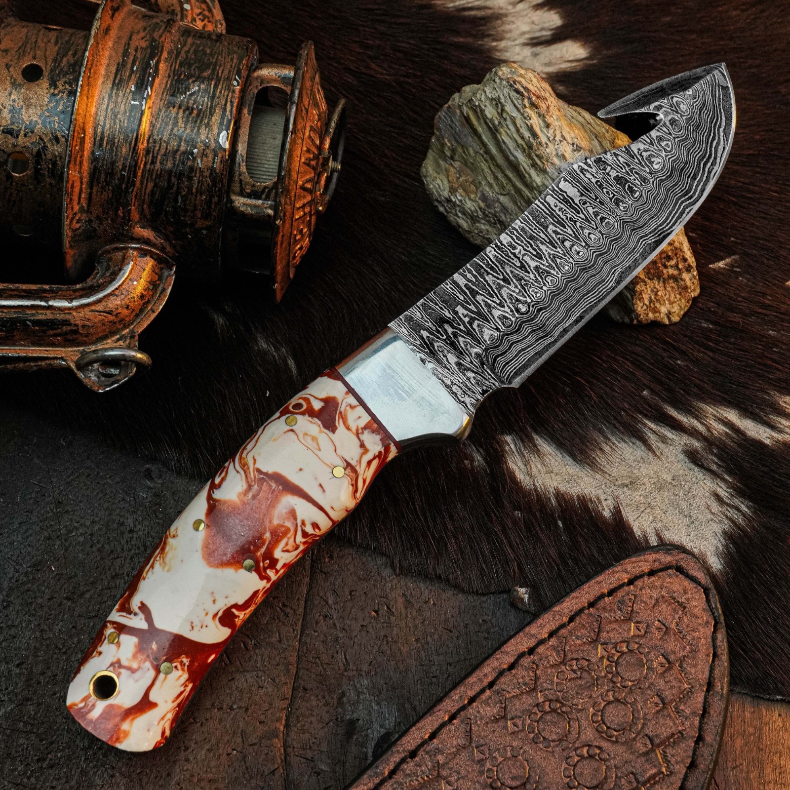 8.8″ Clip Point Knife Damascus Steel Hunting EDC Full Tang Blade Resin Handle