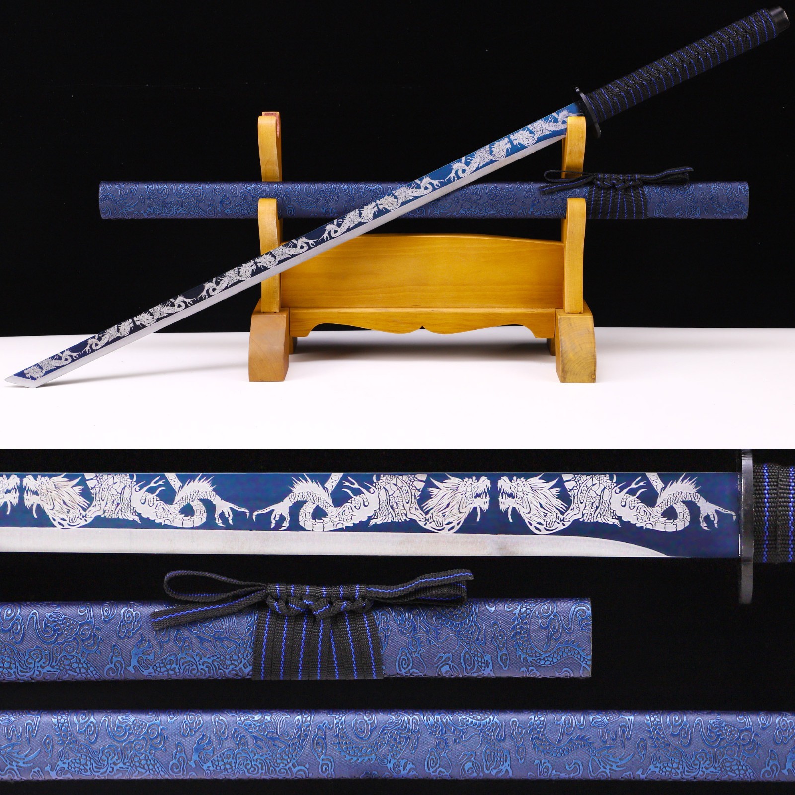 Relief Blue Dragon Patterned Katana, 1095 High Carbon Steel, Handmade Katana