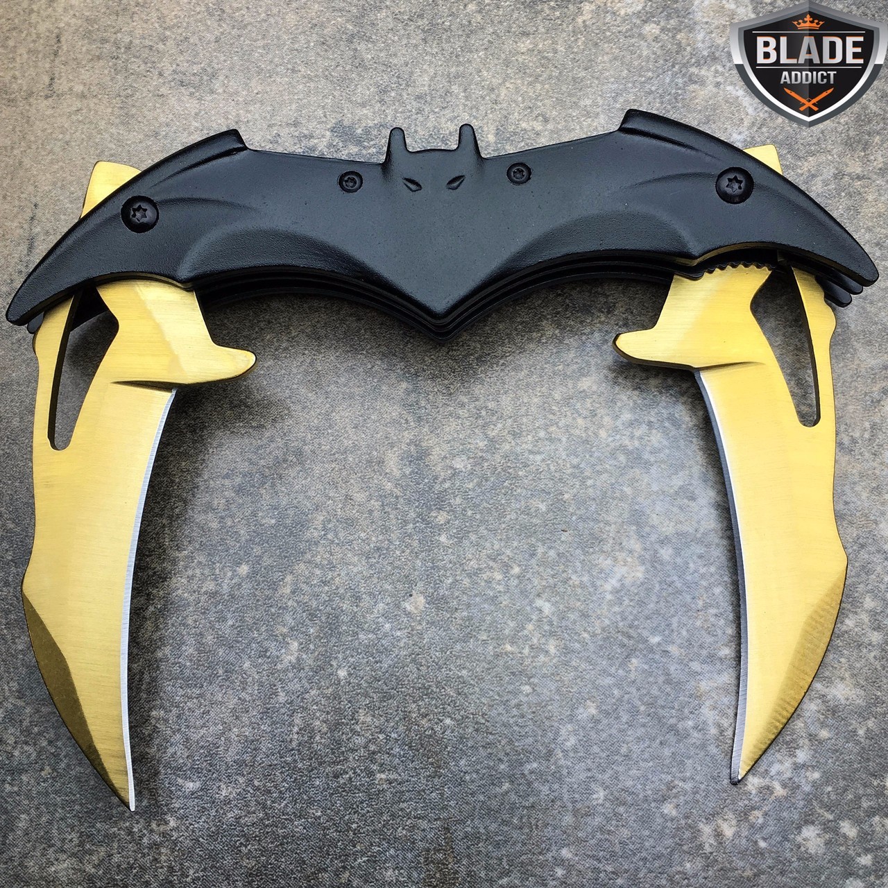 DARK KNIGHT SPRING ASSISTED DUAL BLADE BATMAN TACTICAL FOLDING KNIFE GOLD NEW