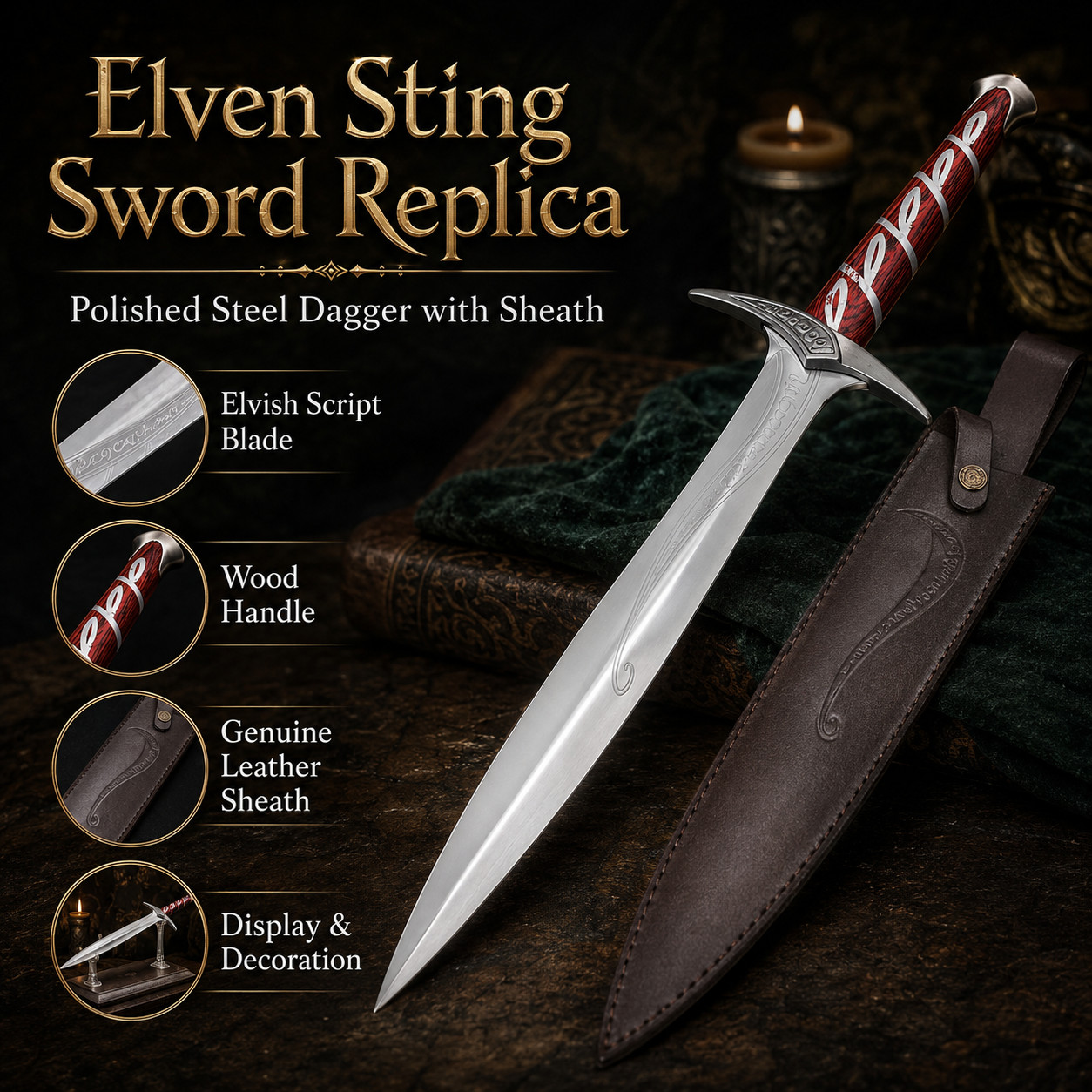 22in Fantasy Elven Decorative Dagger Stainless Steel Blade Leather Sheath