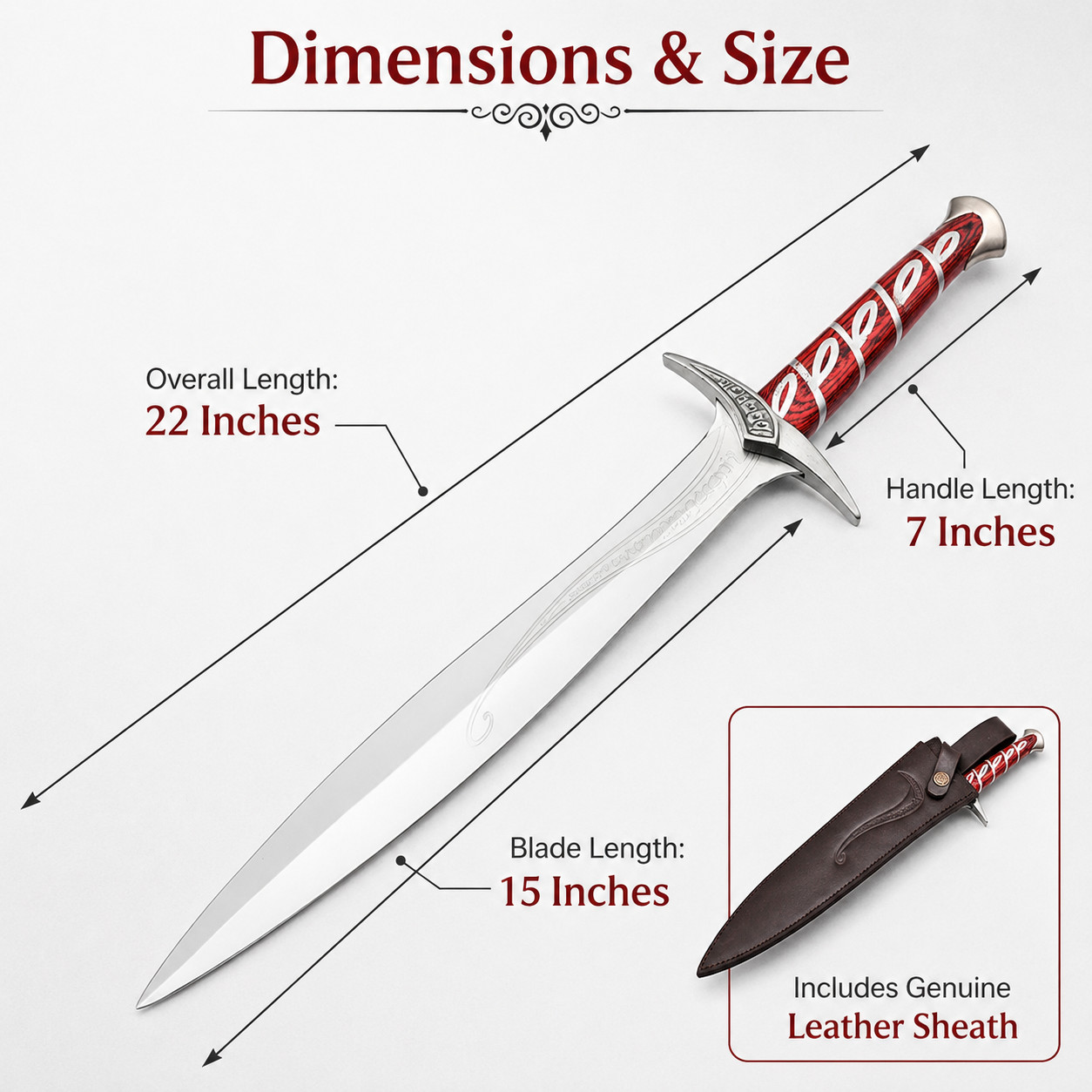 22in Fantasy Elven Decorative Dagger Stainless Steel Blade Leather Sheath