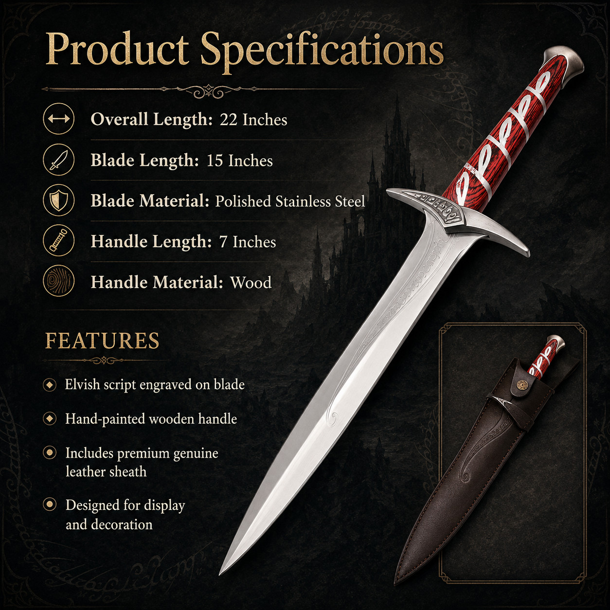 22in Fantasy Elven Decorative Dagger Stainless Steel Blade Leather Sheath