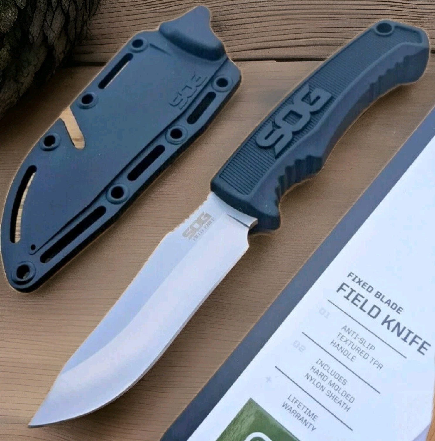 SOG Field Fixed Blade Knife 7Cr17MoV Steel Full Tang w/ Sheath Black TPR 4″