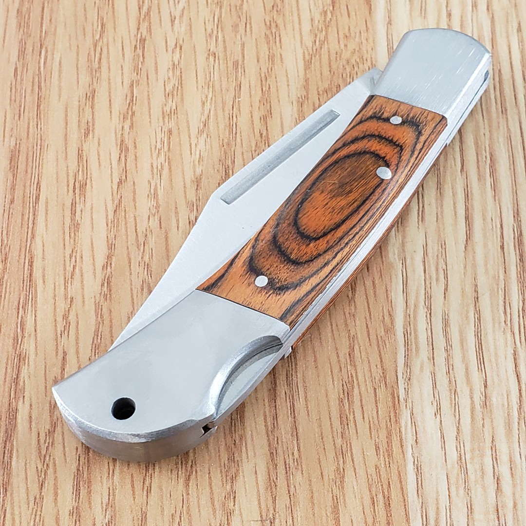 Lockback Folding Knife Stainless Steel Clip Point Blade Brown Pakkawood Handle