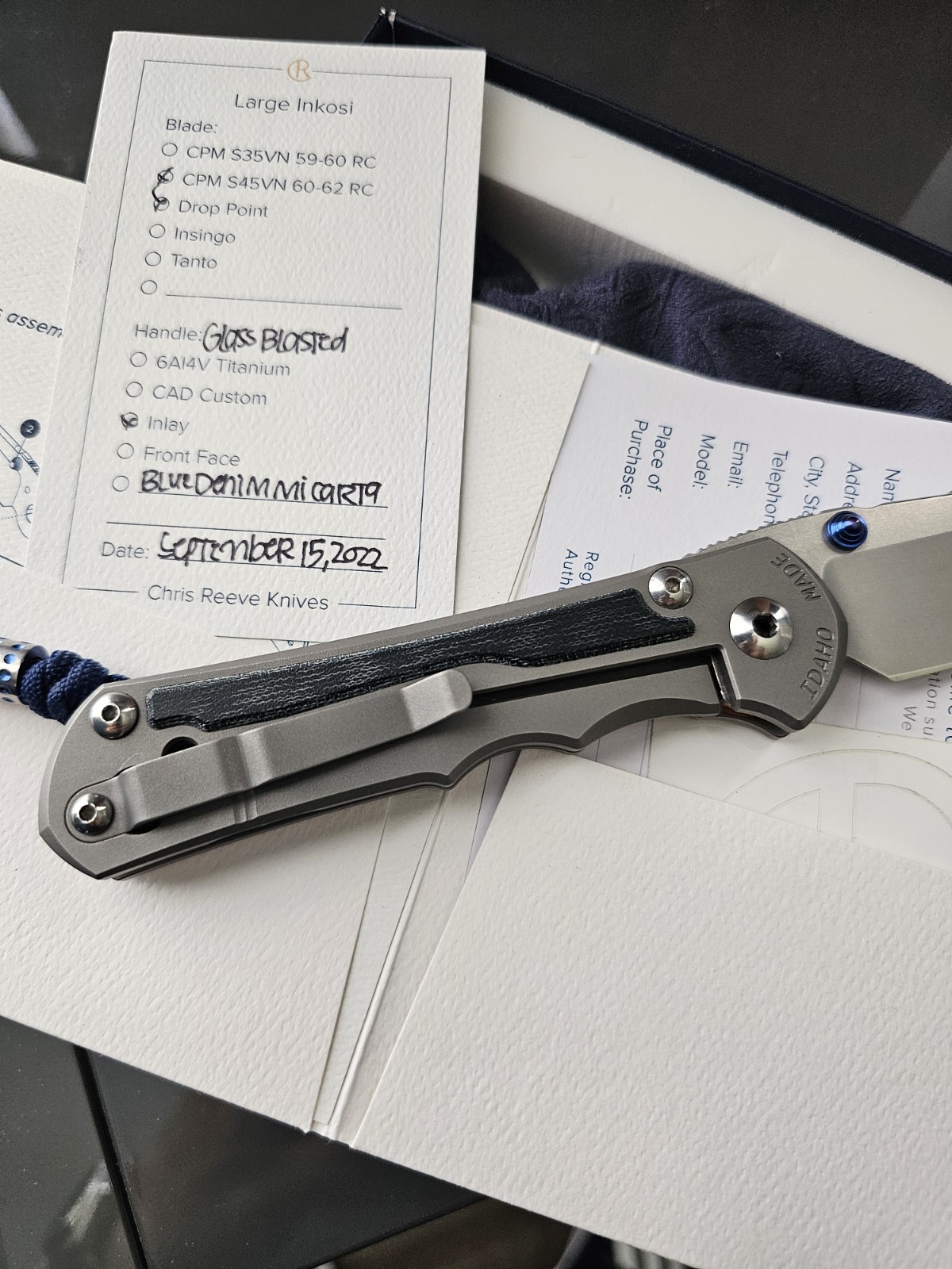 Chris Reeve Large Inkosi BIue Denim Micart Inlay S45VN Drop Point