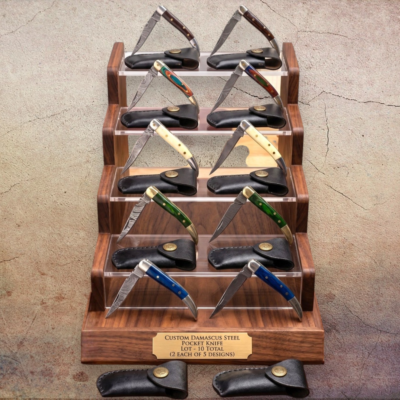 10pc Custom Damascus Steel Folding Pocket Knives Bulk Lot Exotic Wood Bone EDC