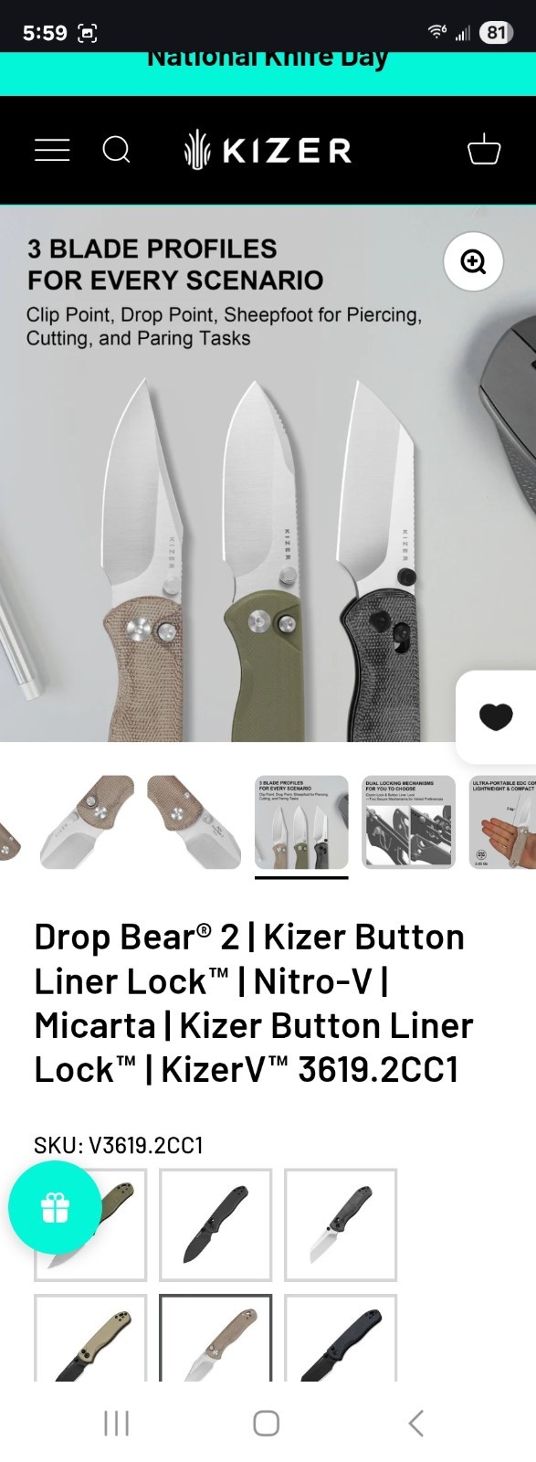 Kizer Drop Bear 2 Pocketknife Nitro-V Clip Point Plain Liner Lock Brown Micarta