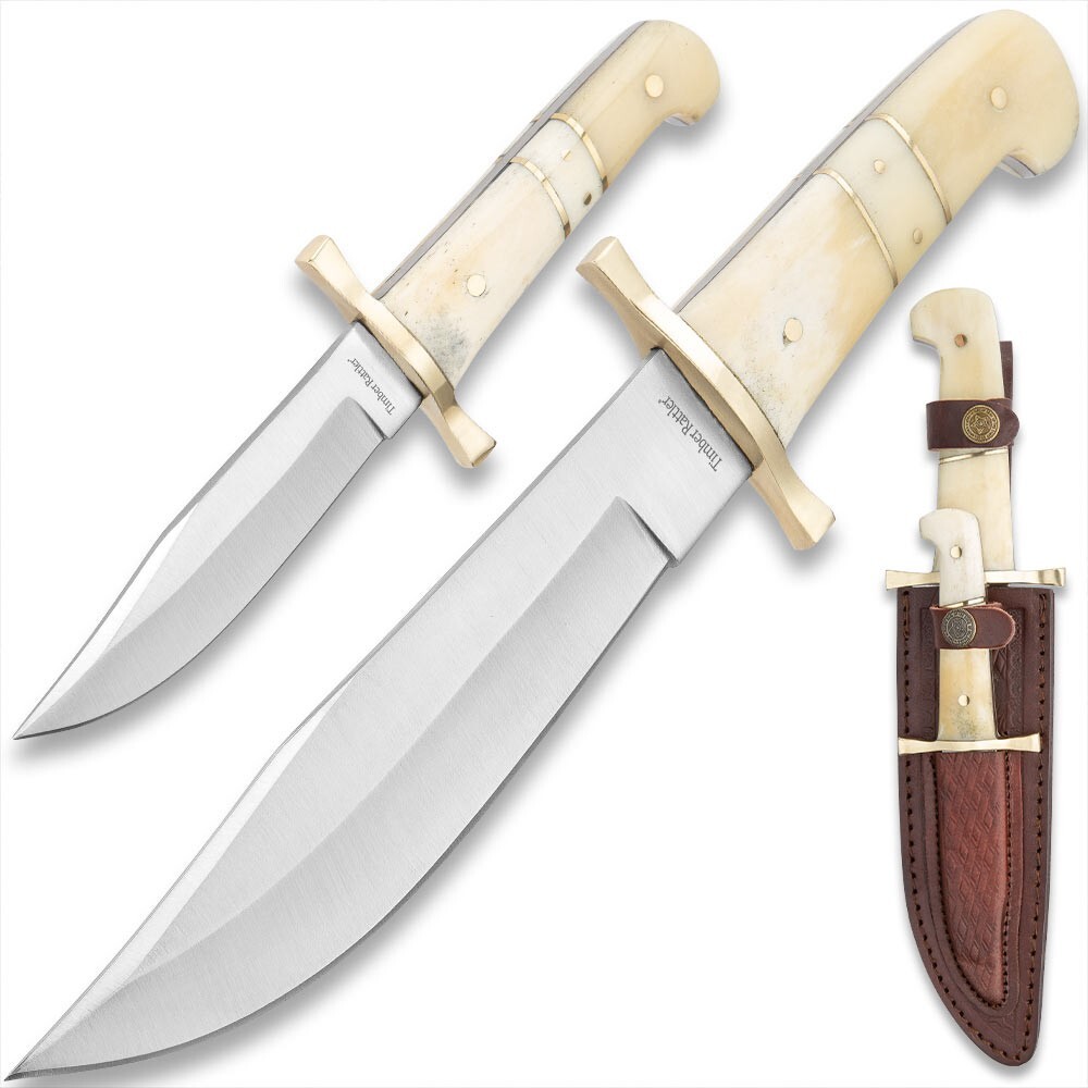 Timber Rattler 2-Piece Bowie Knife Set | Camel Bone Handles | 12″ and 8″ Overall