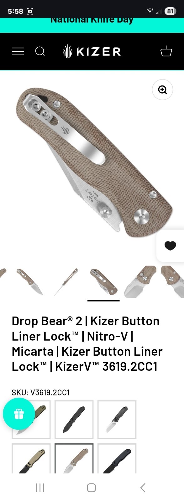 Kizer Drop Bear 2 Pocketknife Nitro-V Clip Point Plain Liner Lock Brown Micarta