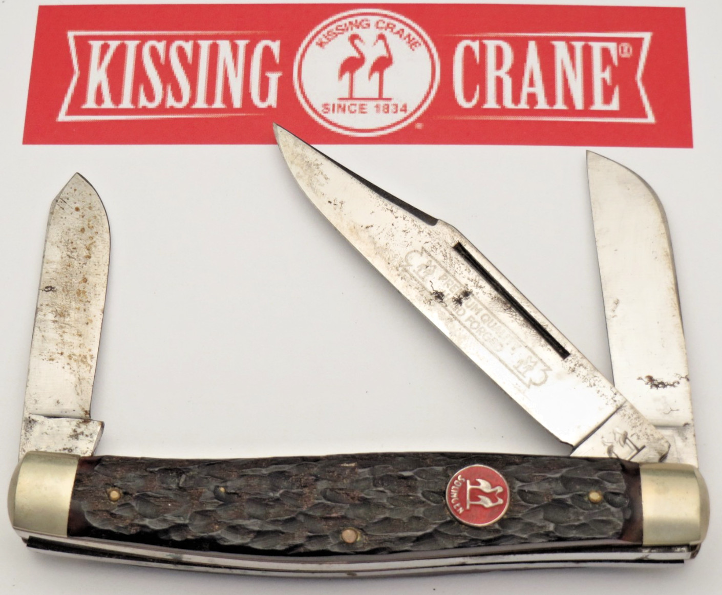 Vintage KISSING CRANE Solingen Stockman Knife Bone Handles – Unused with Tarnish