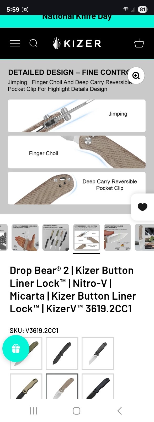 Kizer Drop Bear 2 Pocketknife Nitro-V Clip Point Plain Liner Lock Brown Micarta