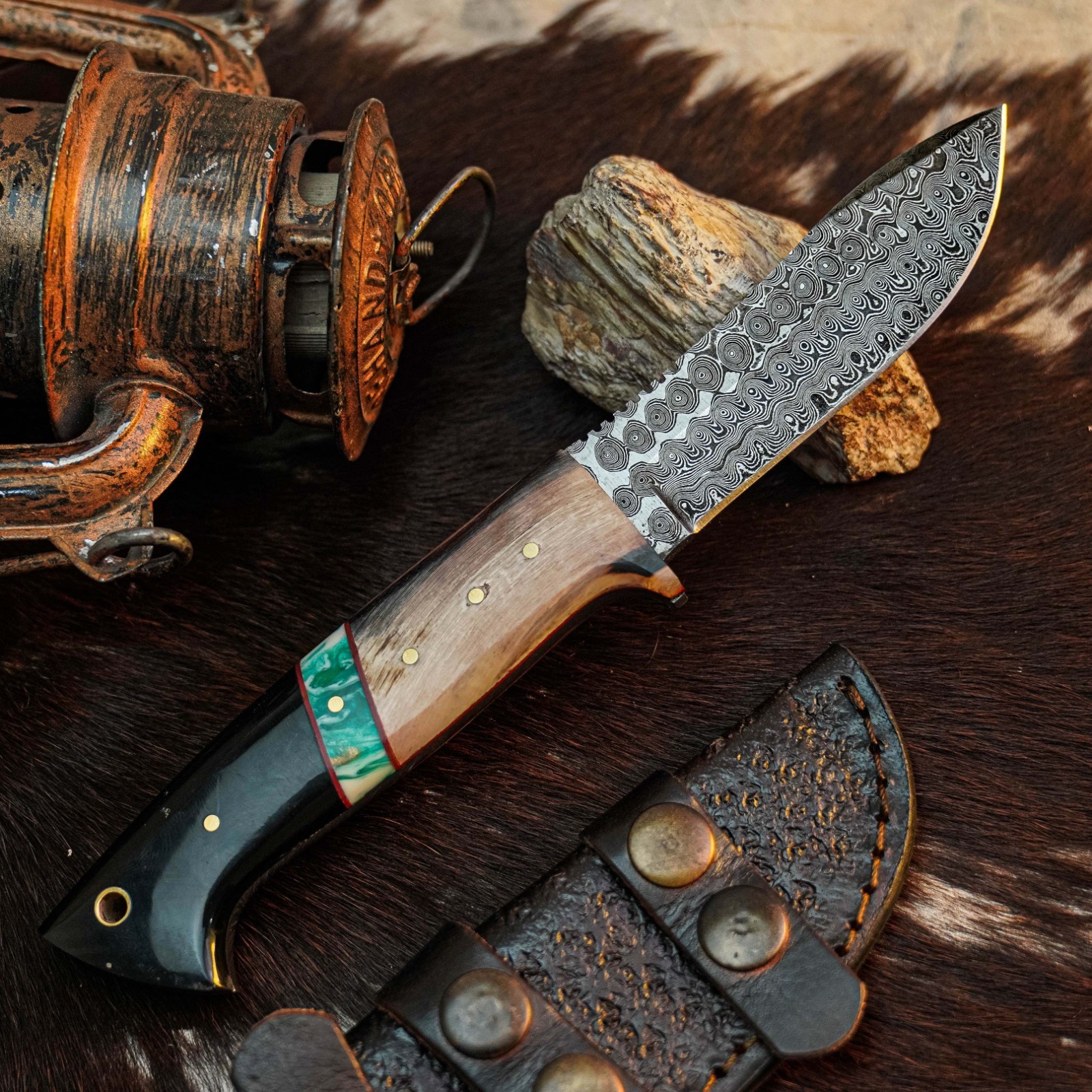 8.7″ Clip Point Knife Damascus Hunting EDC Full Tang Blade Hybrid Handle