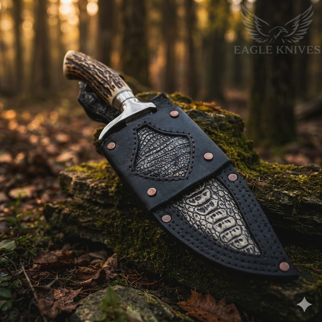 Custom Handmade Damascus Steel Copper Pattern Blade Hunting Stag Knife W/Sheath