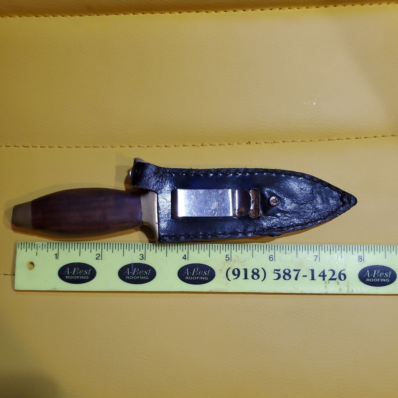 Vintage 4″ Knife Dagger Wooden Handle Brass Pommel and Hilt with Leather Sheath
