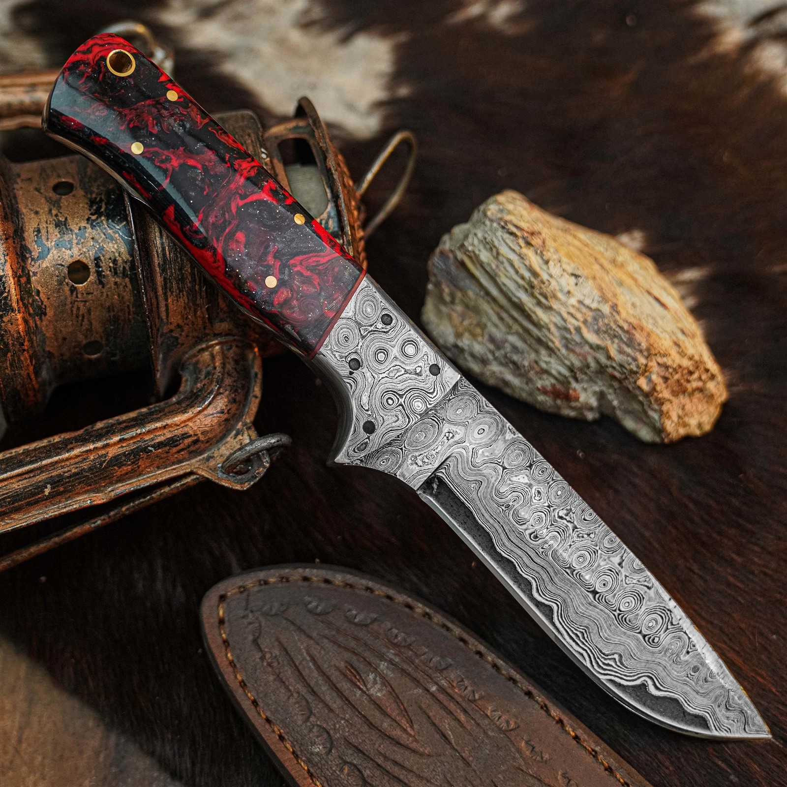 8.9″ Hunting EDC Damascus Knife Handmade Full Tang Resin Handle + Sheath