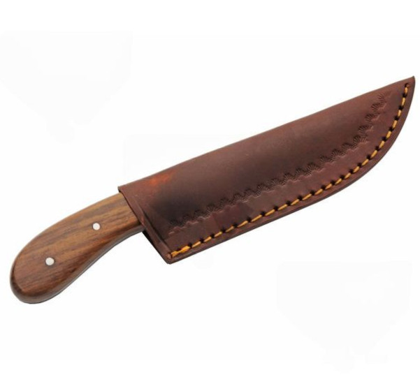 Hunting Knife | 7″ Full Tang Drop Point Blade w/ Wood Handle + Leather Sheath