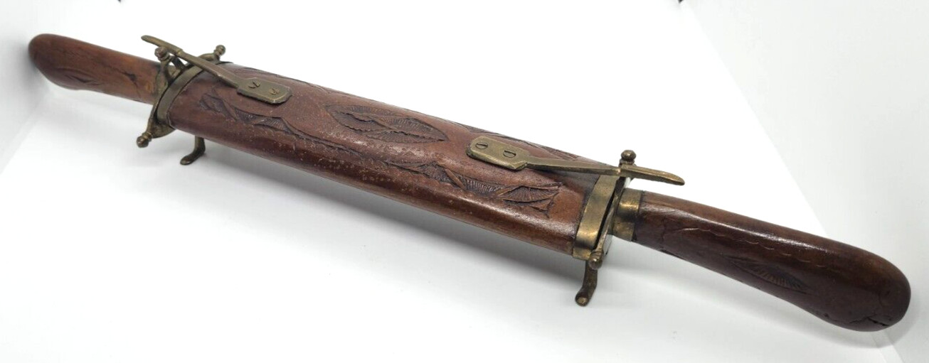 Decorative Knife Carving Set In Wooden Hand Carved & Brass Casing VTG India