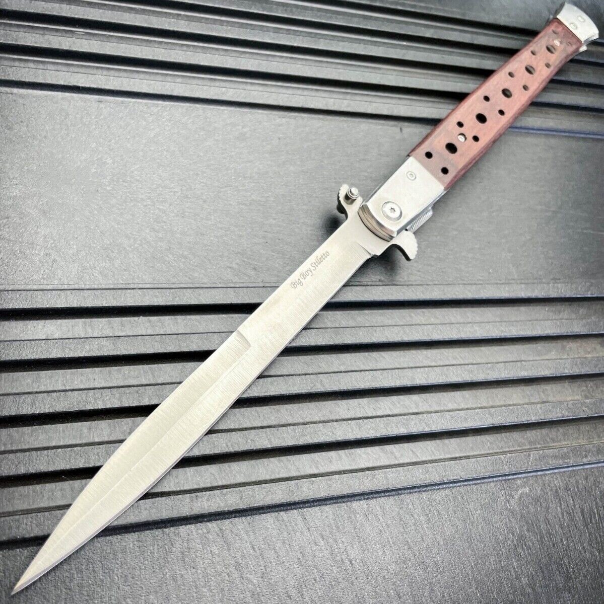 13″ Classic Extra Large Brown Wood Spring Assisted Open STILETTO Pocket Knife