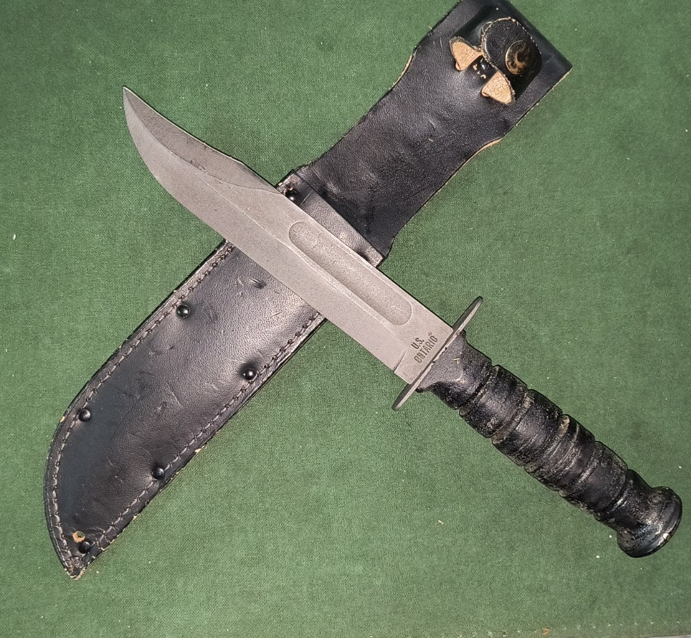 Vintage Knife Genuine USMC #498 + Leather Scabbard Ontario Knife Co OKC USA