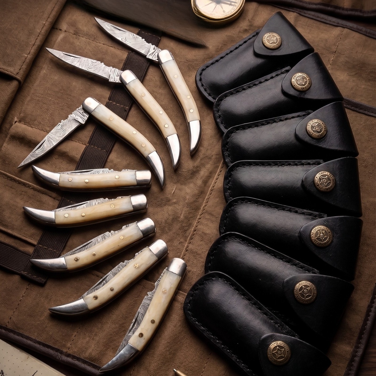 Wholesale Lot 8 Damascus Pocket Knives Camel Bone Gentleman Folder With Sheath