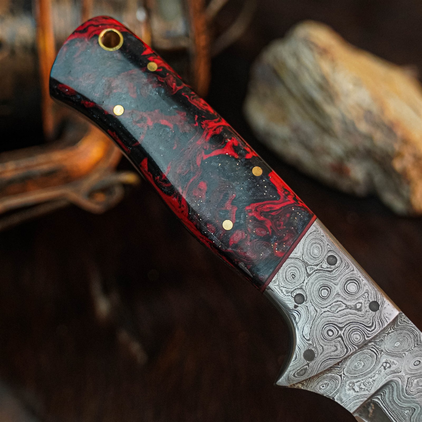 8.9″ Hunting EDC Damascus Knife Handmade Full Tang Resin Handle + Sheath